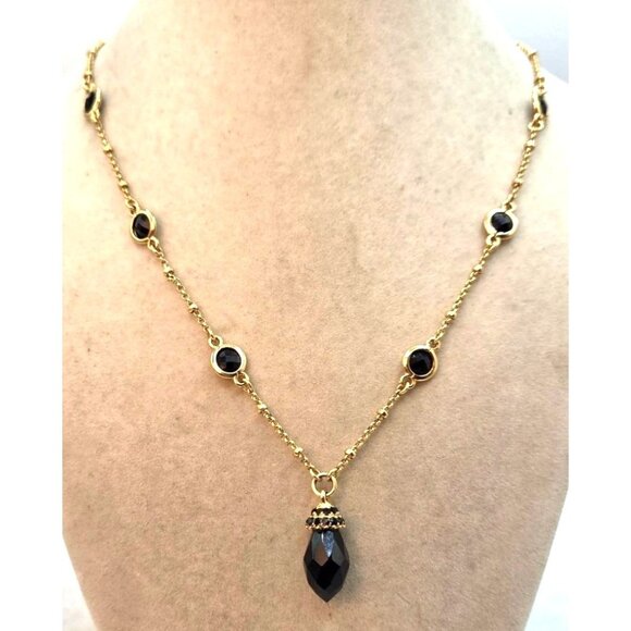 Gold-Plated Necklace With Black Crystal Drop Pendant & Accents - MONET - Picture 1 of 3